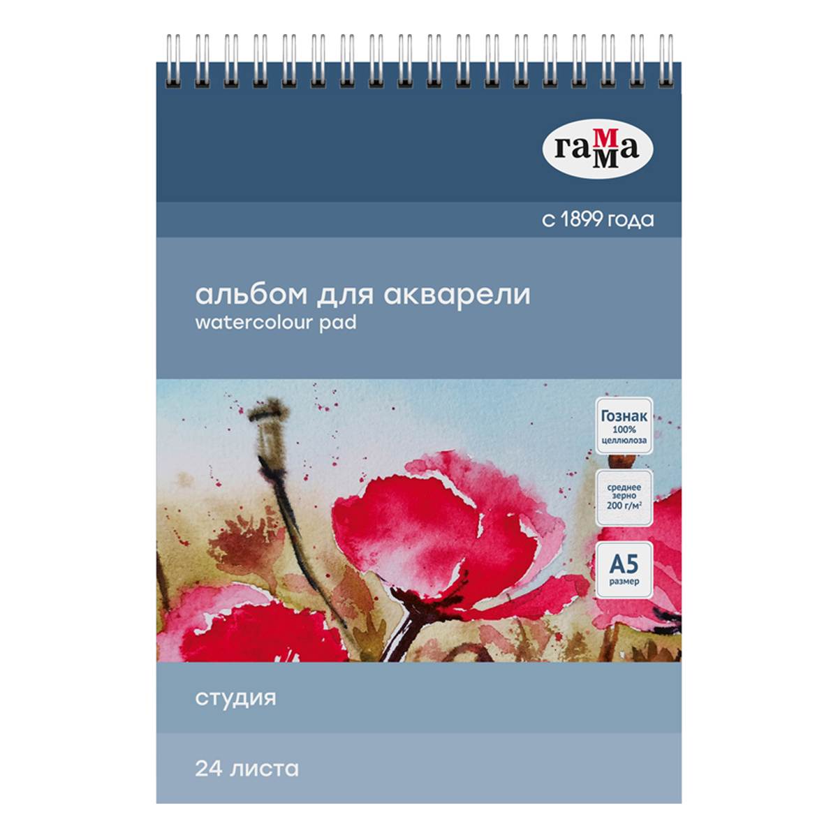 картинка Альбом для акварели, А5, 24 л, 200 г/м2, спираль, среднее зерно, белый, "Студия", Гамма, 50C01S724W от магазина Альфанит в Кунгуре