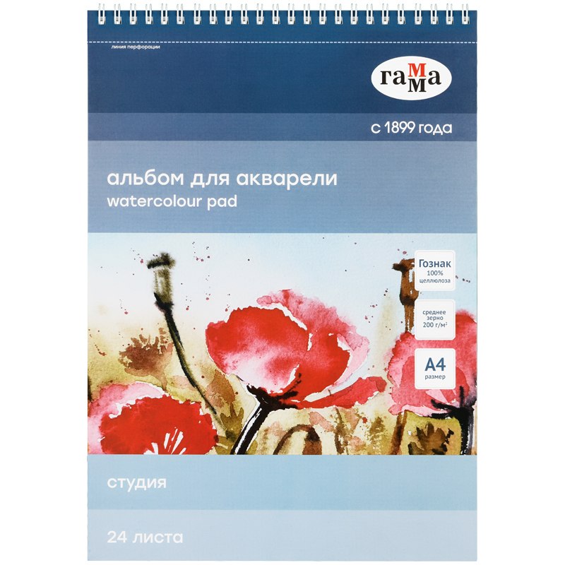 картинка Альбом для акварели, А4, 24 л, 200 г/м2, спираль, среднее зерно, "Студия", Гамма, 40C01S724W от магазина Альфанит в Кунгуре