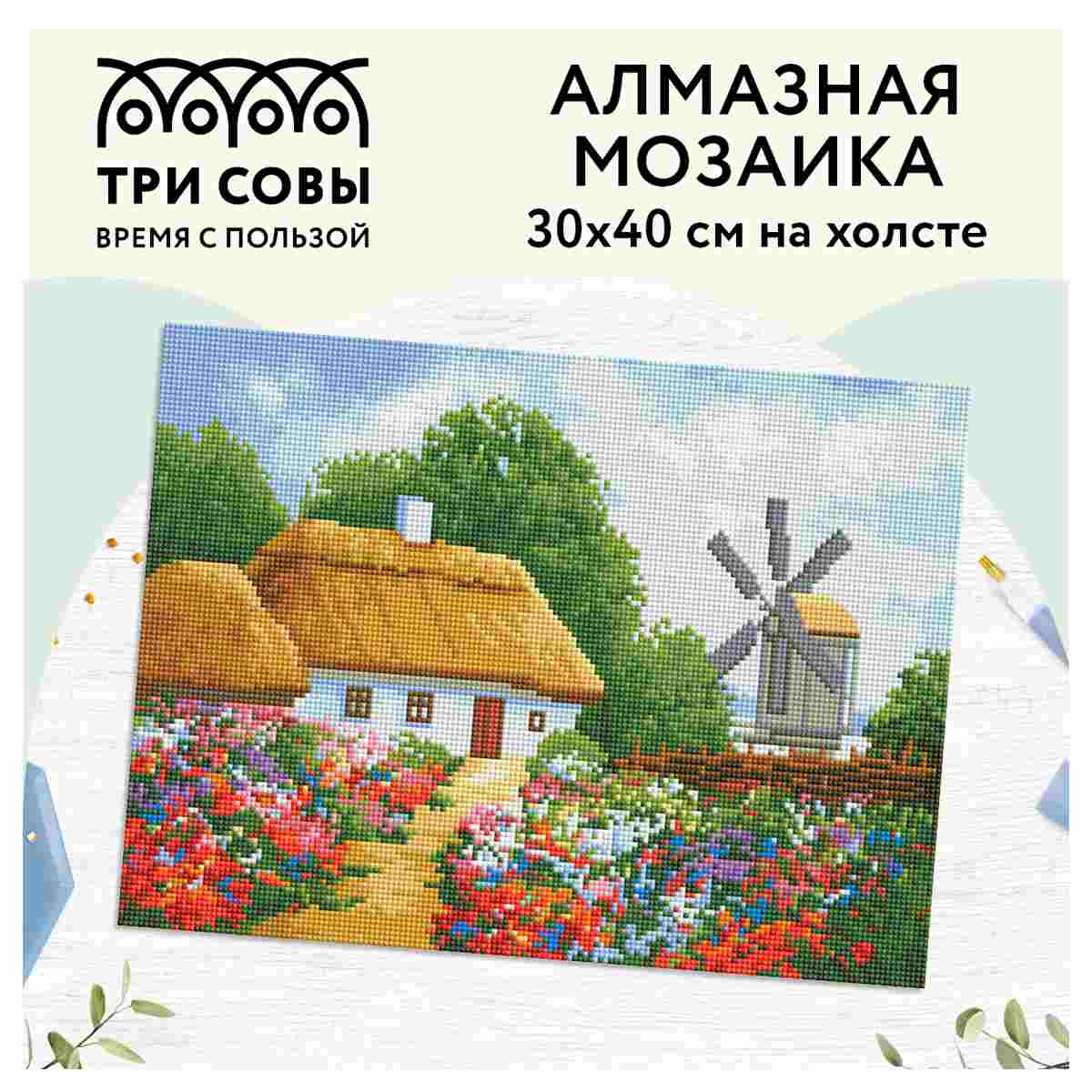 картинка Алмазная картина, 30*40 см, на холсте, полная выкладка, "Хутор", Три совы, АМ3040_47529 от магазина Альфанит в Кунгуре