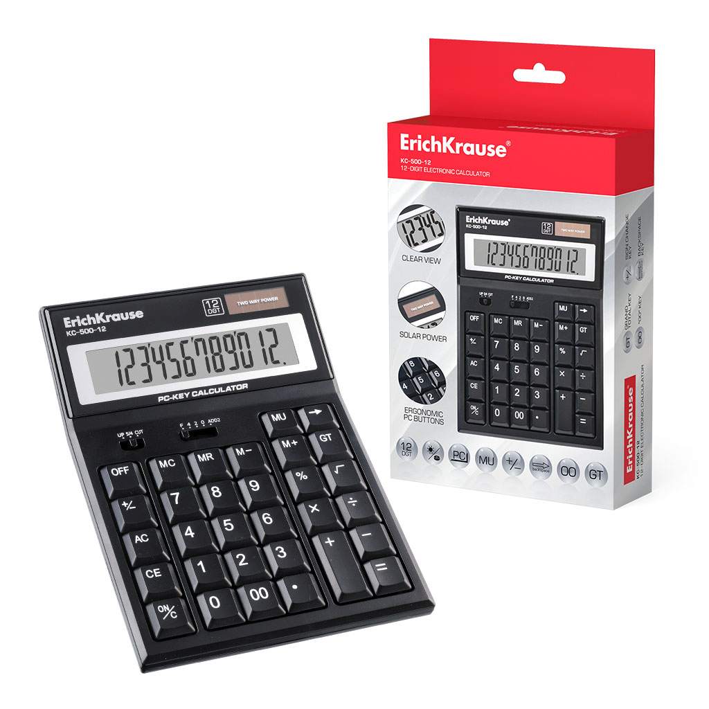 картинка Калькулятор настольный, 12 разрядов, 14*19,3 см, двойное питание, "PC-key KC-500-12", Erich Krause, 40500 от магазина Альфанит в Кунгуре