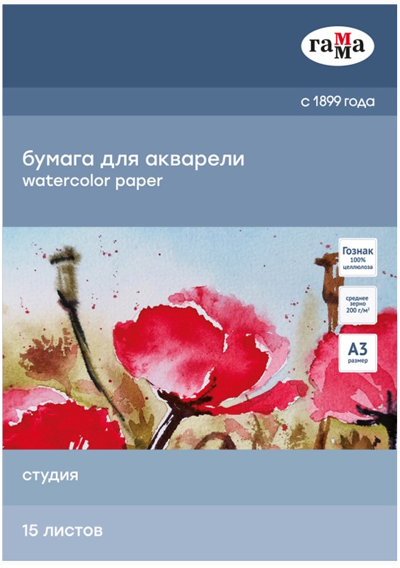 картинка Папка для акварели, А3, 15 л, 200 г/м2, среднее зерно, "Студия", Гамма, 30C03F715W от магазина Альфанит в Кунгуре