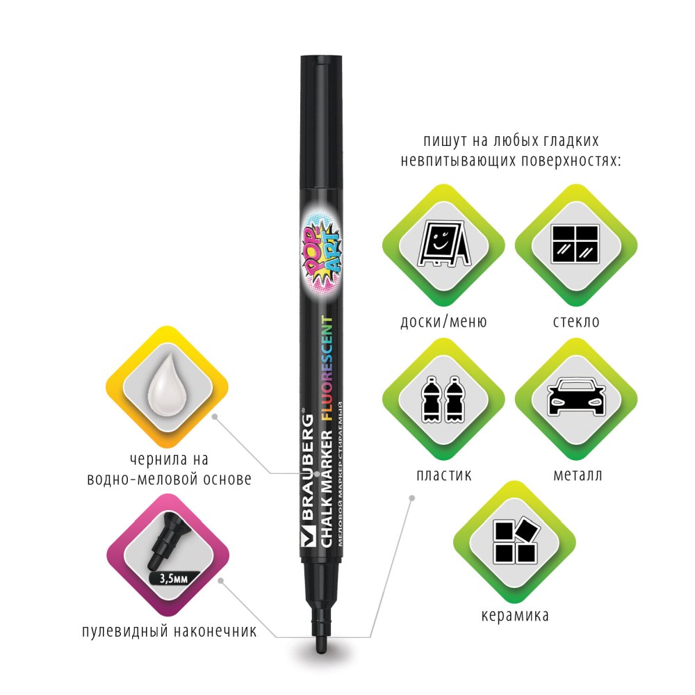 картинка Маркер меловой, 3,5 мм, черный, стираемый, "Pop-Art", BRAUBERG, 151525 от магазина Альфанит в Кунгуре