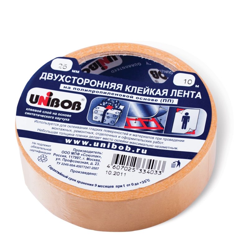 картинка Скотч двусторонний, 25мм*10м, полипропиленовая основа, Unibob, 38915 от магазина Альфанит в Кунгуре