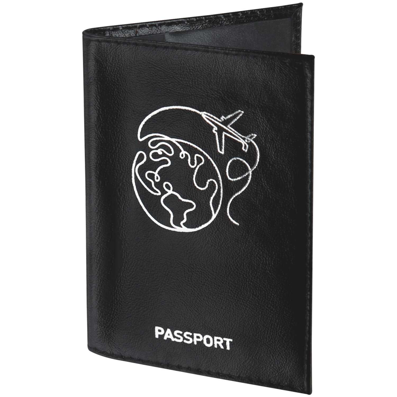 картинка Обложка для паспорта, кожа натуральная, черный, тиснение серебром, "Airplane", BRAUBERG, 238212 от магазина Альфанит в Кунгуре