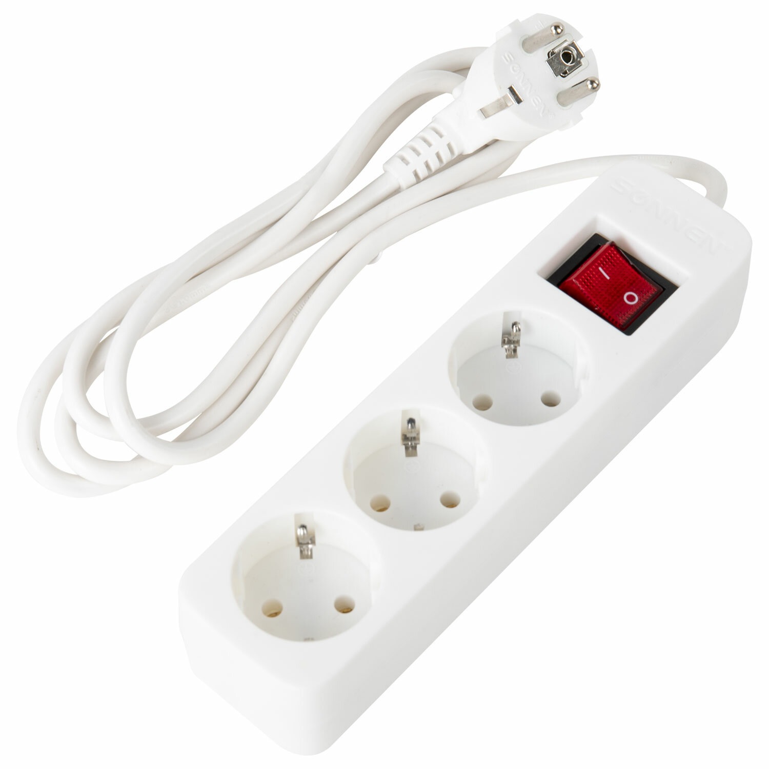картинка Удлинитель SONNEN PSW-183, 3 розетки, 1,8 м, белый, выключатель, с заземлением, 513659 от магазина Альфанит в Кунгуре