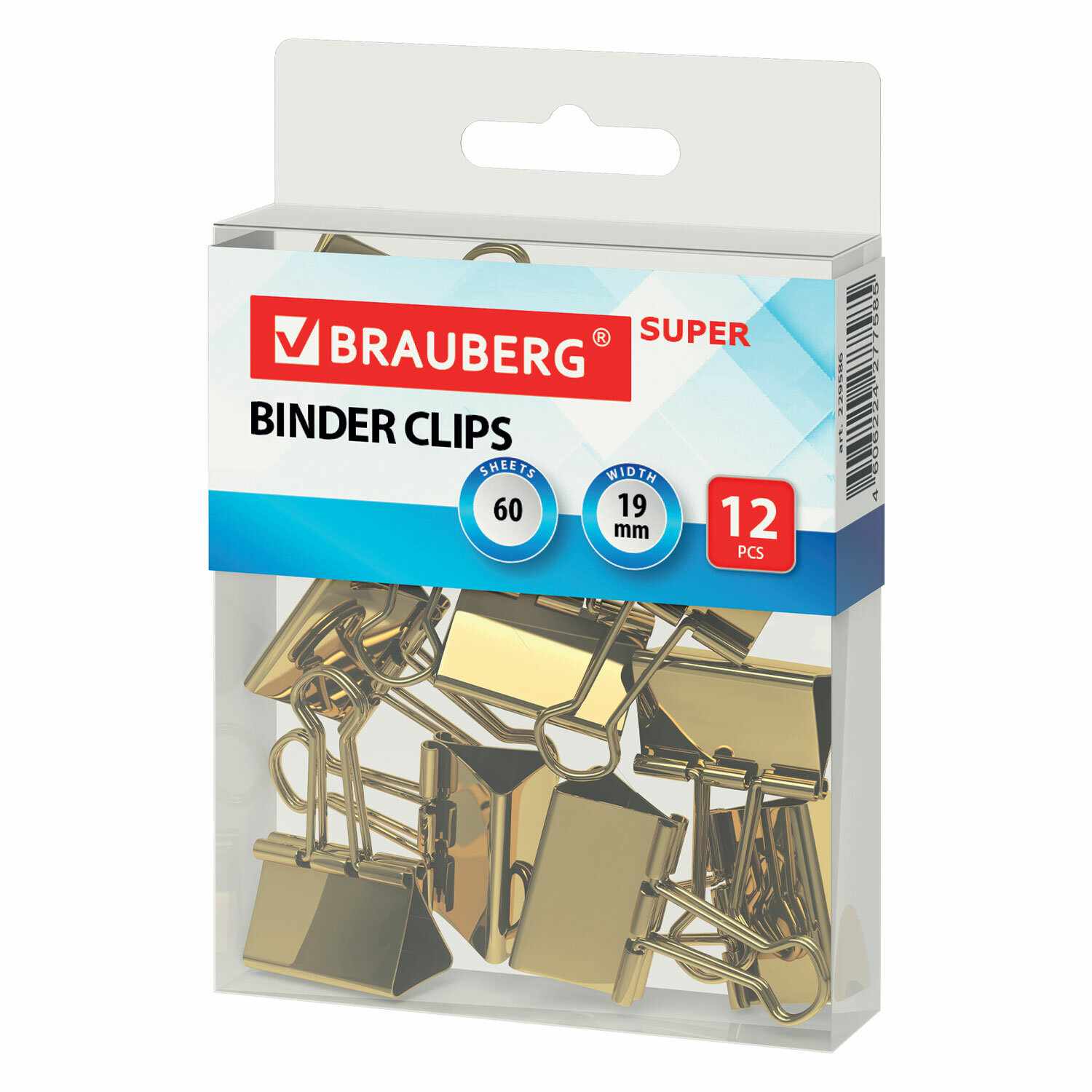картинка Зажимы для бумаг 19 мм, 12 шт, золотой, BRAUBERG, 229586 от магазина Альфанит в Кунгуре
