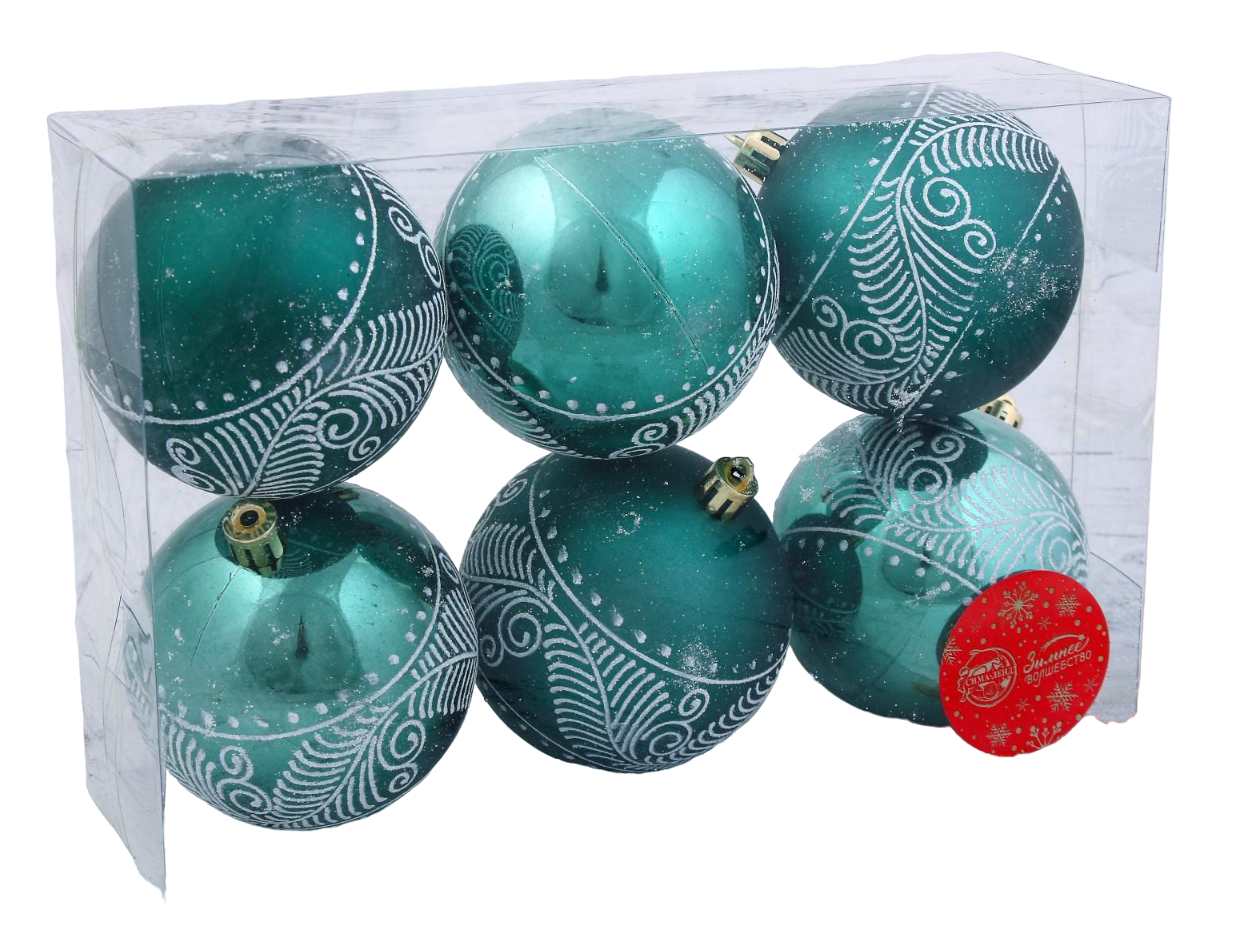 картинка Набор шаров, 6 шт, 8 см, пластик, зеленый, "Снежные перья", Зимнее волшебство, 4942078 от магазина Альфанит в Кунгуре