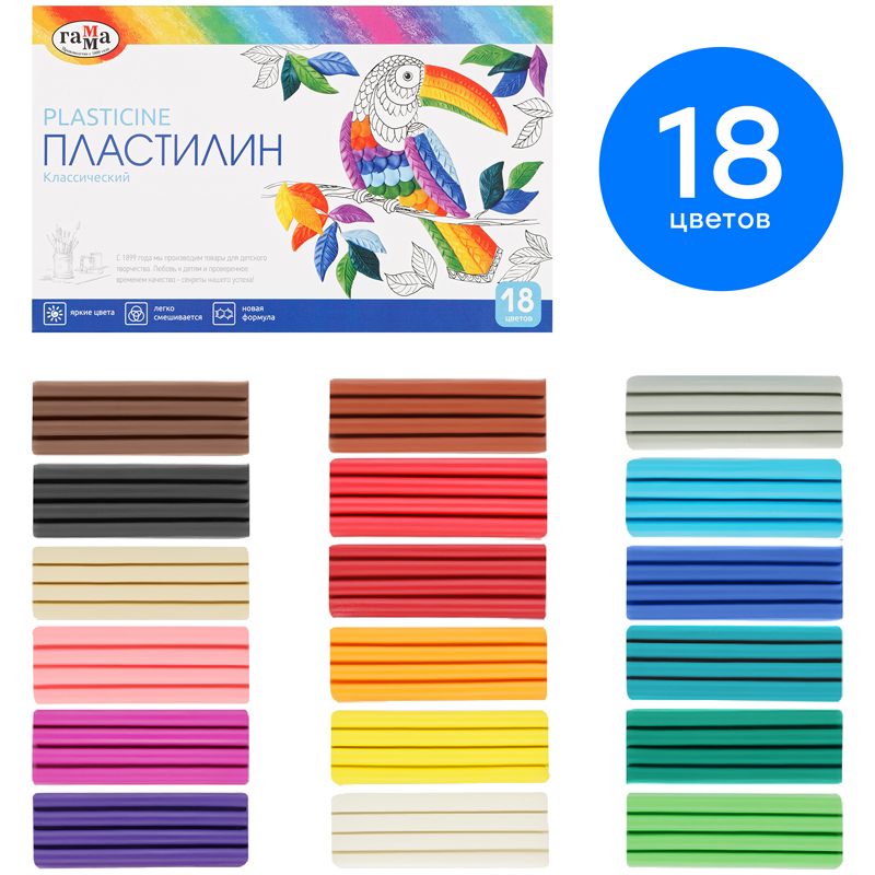 картинка Пластилин, 18 цв, 18 шт, 360 гр, со стеком, "Классический", Гамма, 281035 от магазина Альфанит в Кунгуре