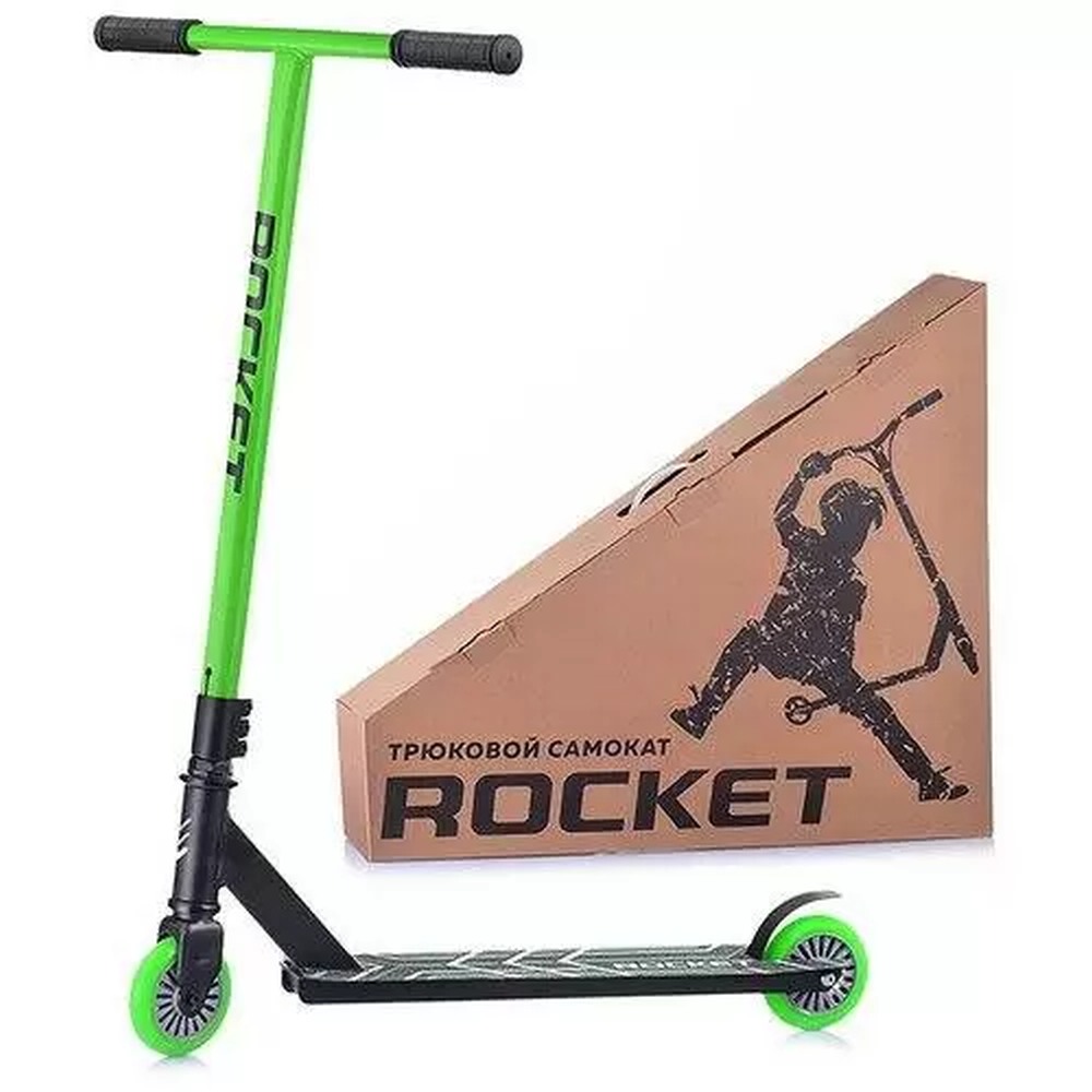 картинка Самокат 2-х колесный, 82*46*65 см, до 100 кг, зеленый, трюковый, Rocket, R0062 от магазина Альфанит в Кунгуре