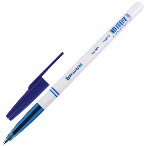 картинка Ручка шариковая, 1,0 мм, синяя, корп. белый, "Офисная", BRAUBERG, 140662 от магазина Альфанит в Кунгуре