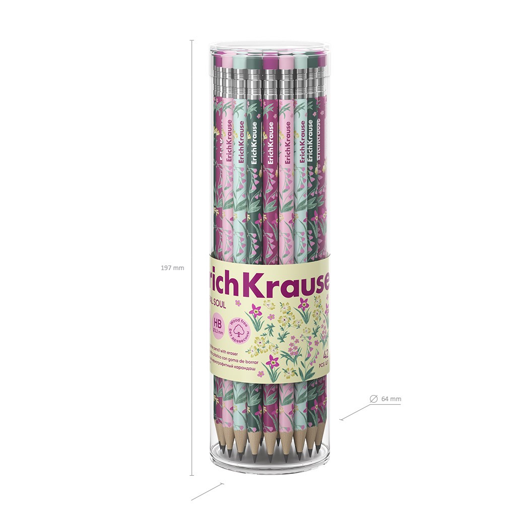 картинка Карандаш чернографитный, HB (ТМ), пластик, заточен, с ластиком, "Floral Soul", Erich Krause, 62775 от магазина Альфанит в Кунгуре