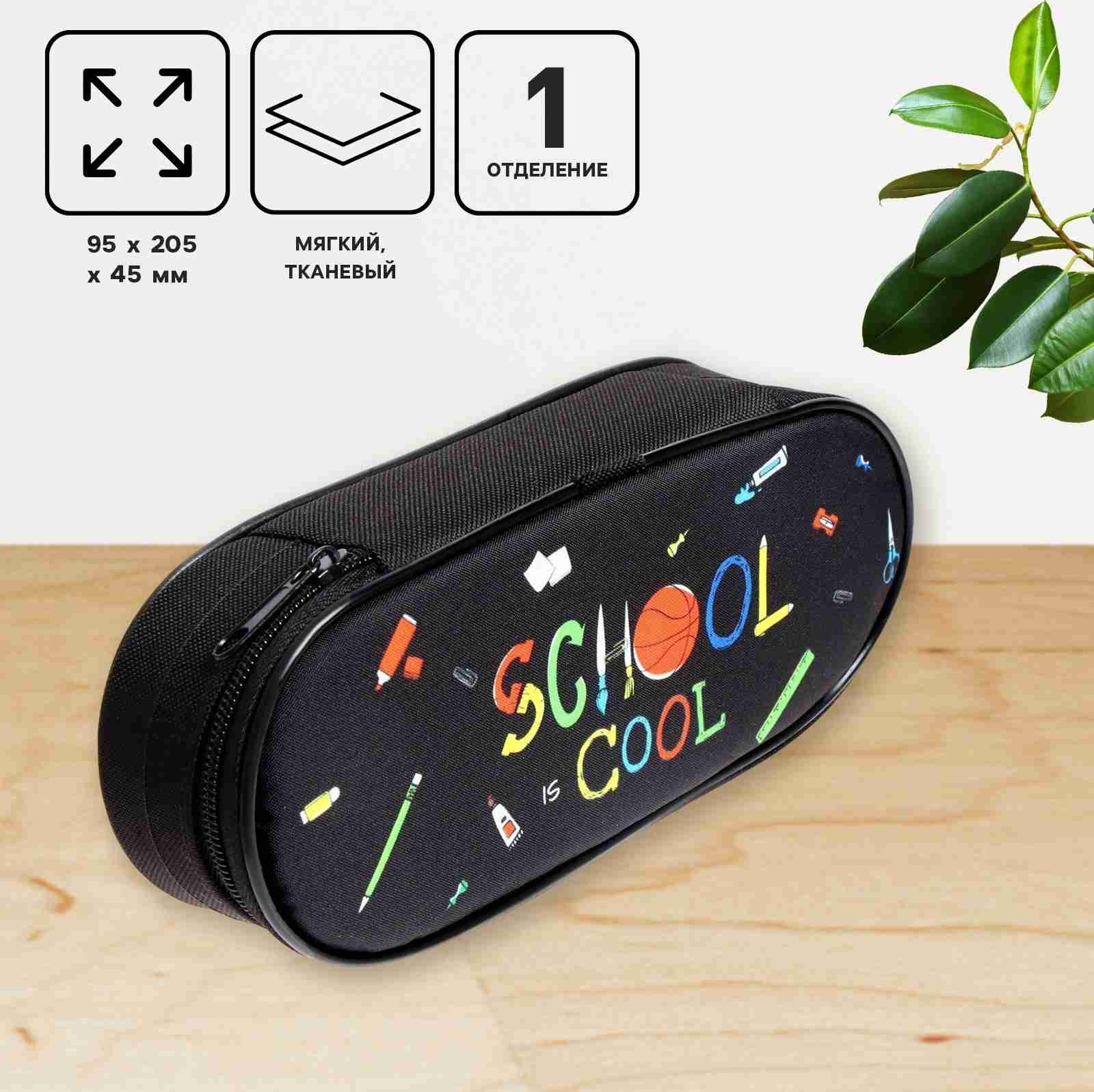 картинка Пенал корпусный, 4,5*20,5*9,5 см, ткань, овальный, "School", Calligrata, ПМК 27-20, 9304316 от магазина Альфанит в Кунгуре