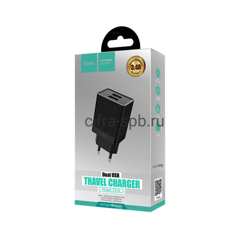 картинка Сетевое зарядное устройство HOCO C51A Prestige Power Dual Port Charger (EU) 2*USB 3.4A (черный) от магазина Альфанит в Кунгуре