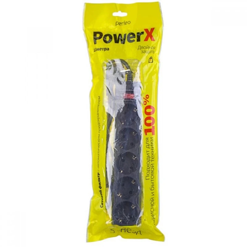 картинка Сетевой фильтр Perfeo PowerX, 5 розеток, 3,0 м, черный, выключатель, с заземлением, PF_A4716 от магазина Альфанит в Кунгуре