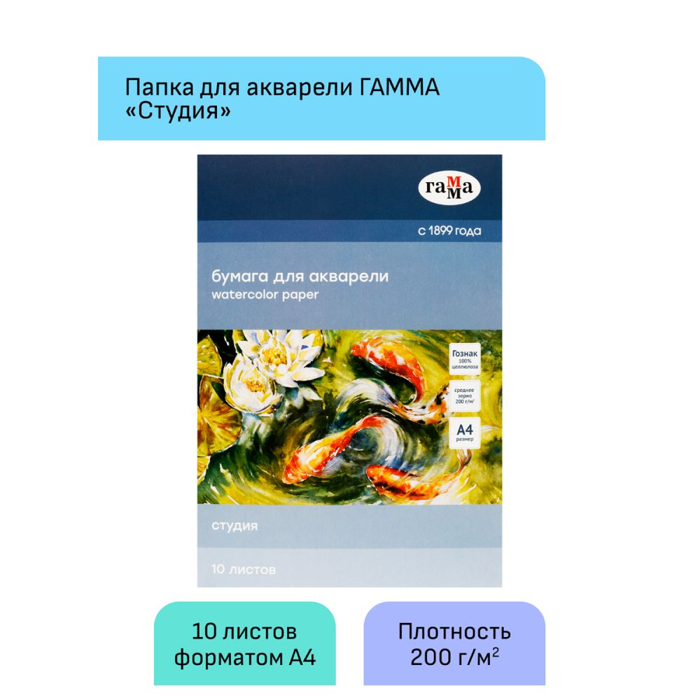 картинка Папка для акварели, А4, 10 л, 200 г/м2, среднее зерно, "Студия", Гамма, 40C03F710W от магазина Альфанит в Кунгуре