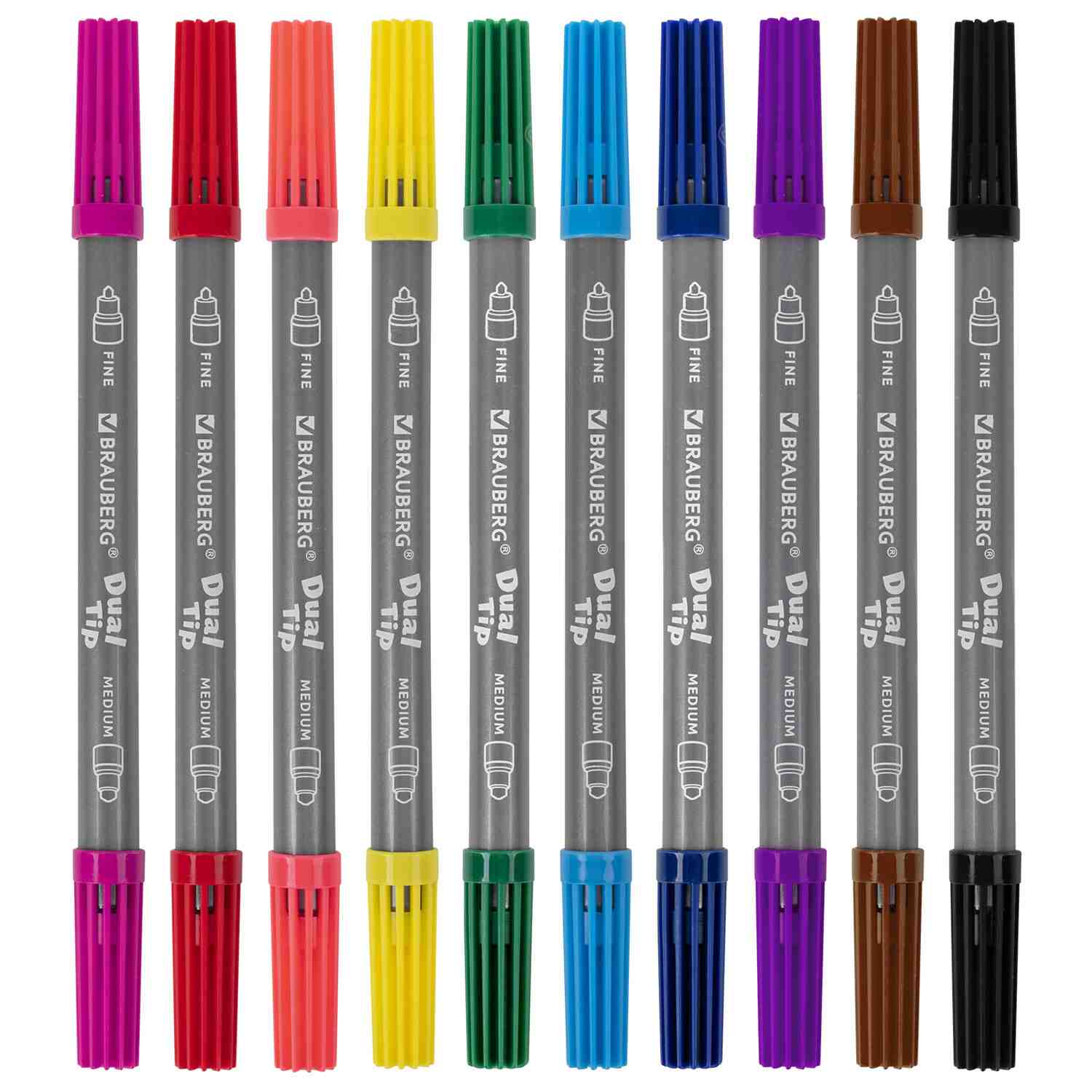 картинка Фломастеры двусторонние, 10 цв, 10 шт, круглый корпус, "PREMIUM DUAL-TIP", BRAUBERG, 151946 от магазина Альфанит в Кунгуре