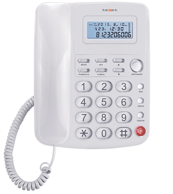 картинка Телефон проводной, белый,  ЖК дисплей, повторный набор, teXet TX-250 от магазина Альфанит в Кунгуре