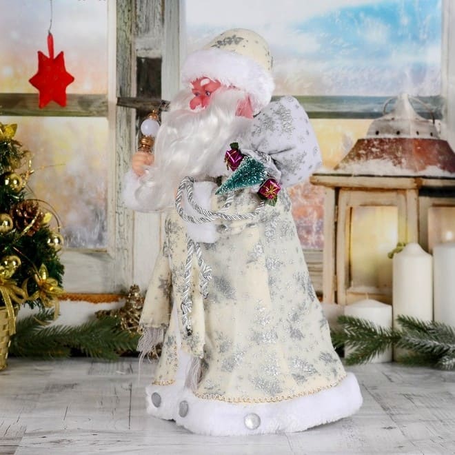 картинка Дед Мороз, 38 см, пластик/текстиль, на батарейках, с подсветкой,"В белой шубке с подарками", 3555405 от магазина Альфанит в Кунгуре
