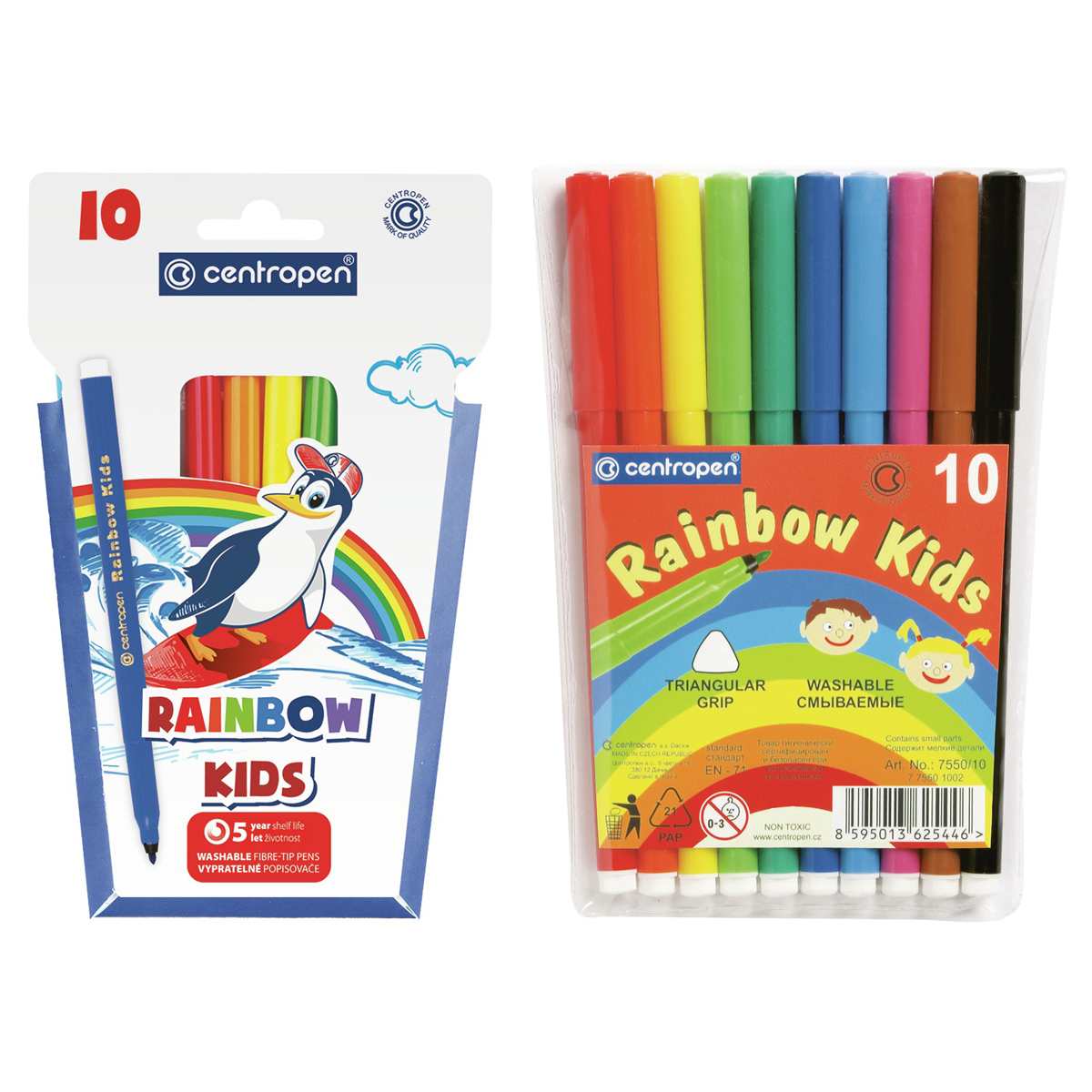 картинка Фломастеры, 10 цв, 10 шт, трехгранный корпус, смываемые, "Rainbow Kids", CENTROPEN, 7 7550 1002 от магазина Альфанит в Кунгуре