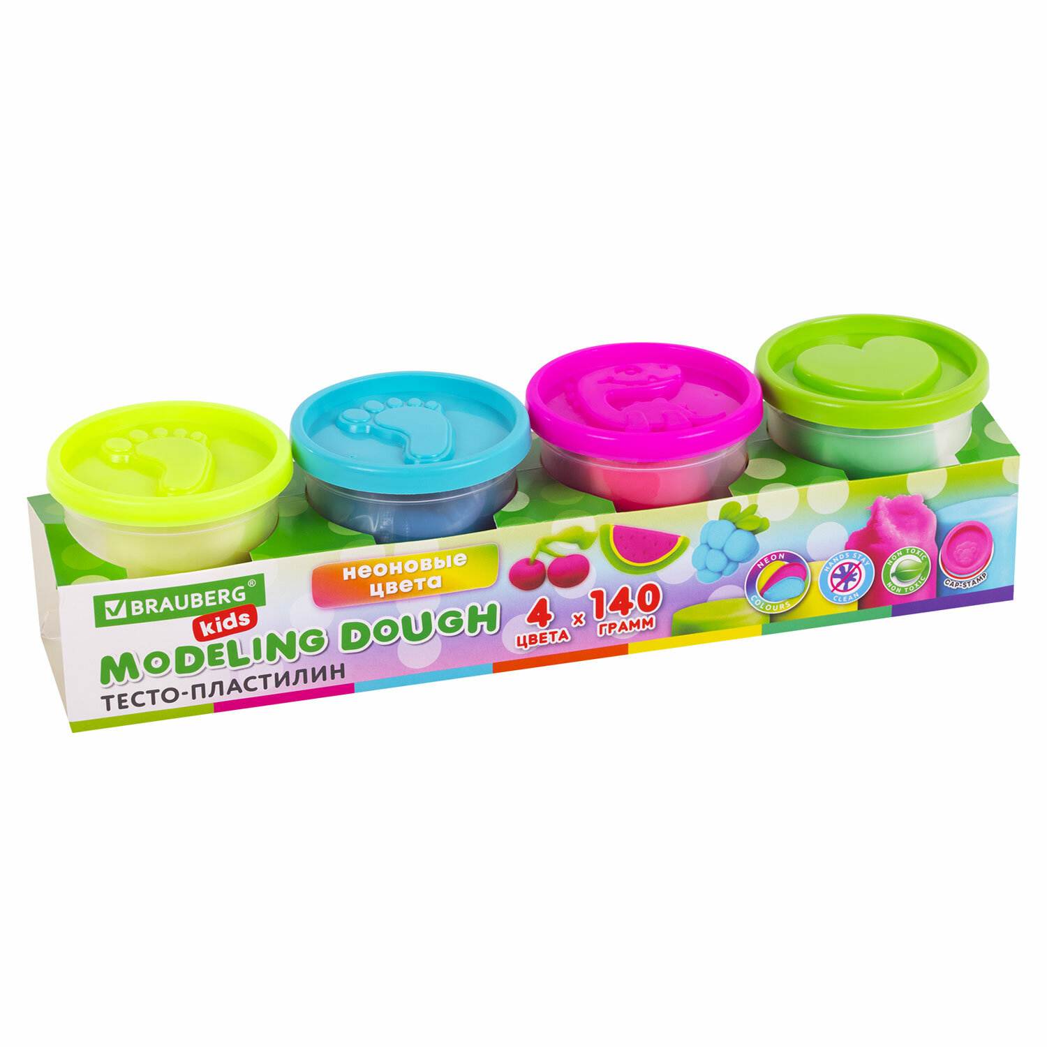 картинка Набор пластилина для лепки, 4 цв, 560 гр, крышки-штампики, BRAUBERG KIDS, 106716 от магазина Альфанит в Кунгуре