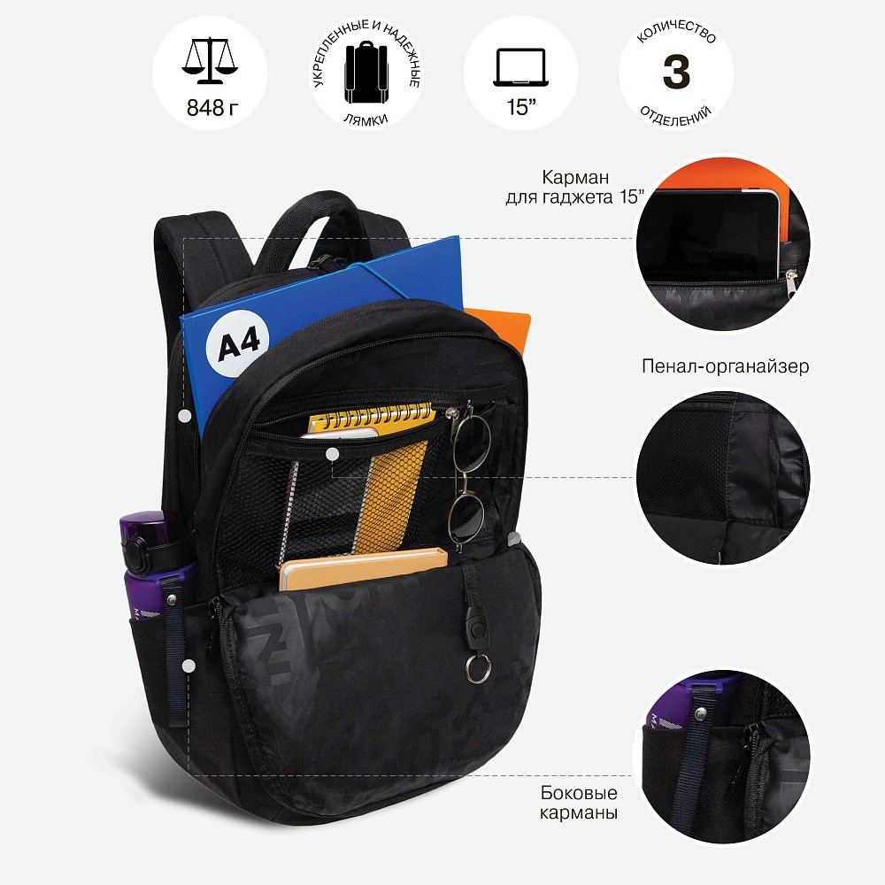 картинка Рюкзак, 3 отдела, 3 кармана, 31*44*21 см, черный, эргономичная спинка, Grizzly, RQ-406-1/1 от магазина Альфанит в Кунгуре