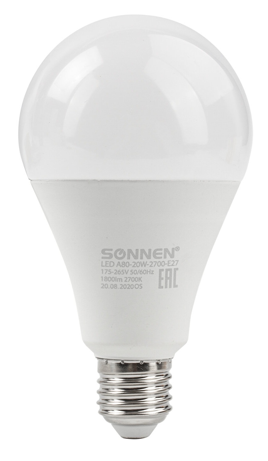 картинка Лампа светодиодная, цоколь E27, груша, теплый белый свет, 30000 ч, SONNEN, A80-20W-2700-E27 от магазина Альфанит в Кунгуре