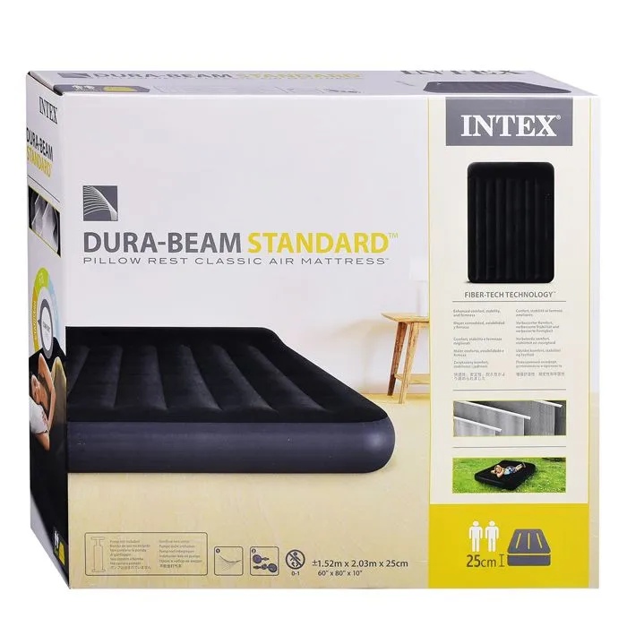 картинка Матрас надувной, 152*203*25 см, ПВХ, черный, "Pillow rest classic fiber-tech", Intex, 64143 от магазина Альфанит в Кунгуре