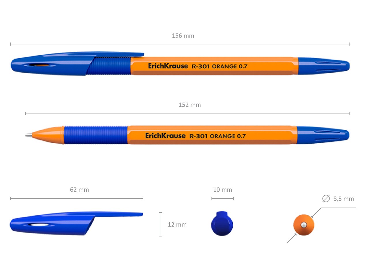 картинка Ручка шариковая, 0,7 мм, синяя, корп. оранжевый, грип, "R-301 Orange", Erich Krause, 39531 от магазина Альфанит в Кунгуре
