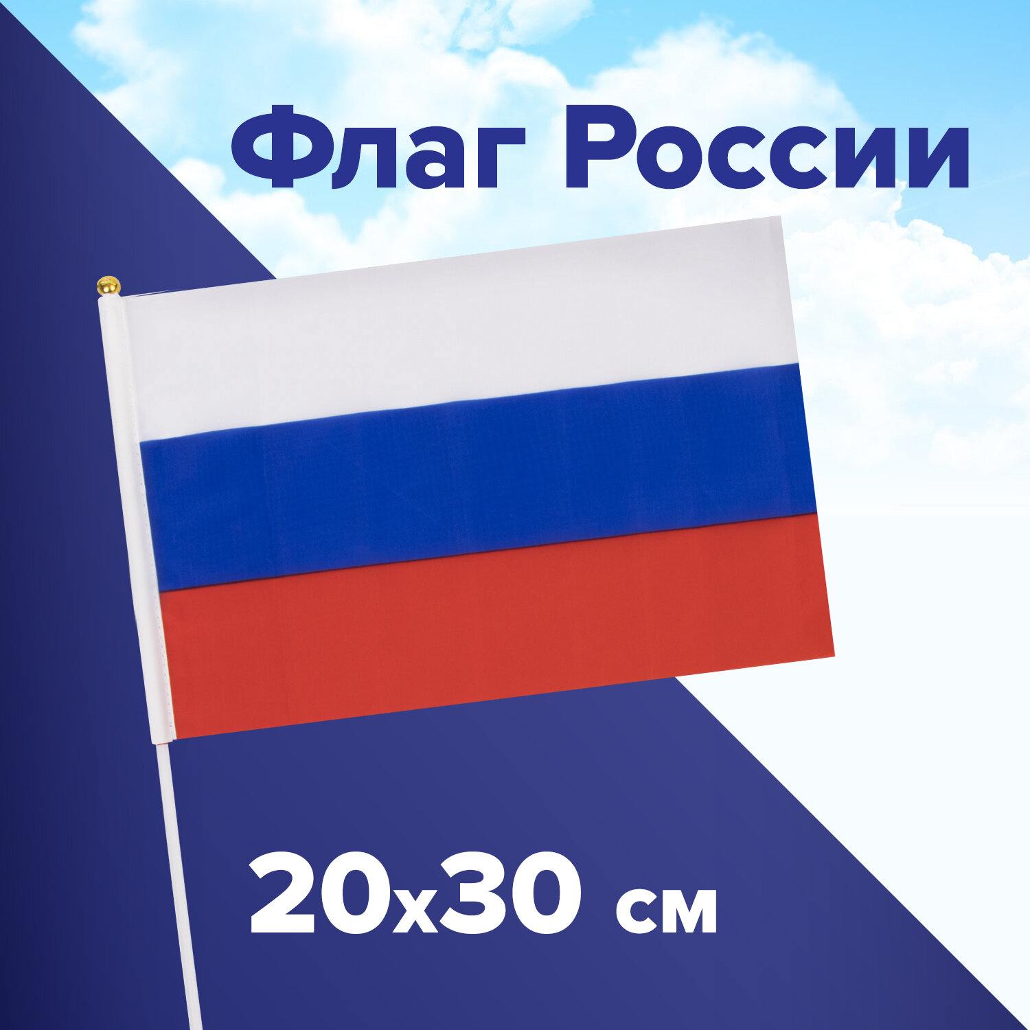 картинка Флаг, 20*30 см, без герба, с флагштоком, "Россия", STAFF, 550181 от магазина Альфанит в Кунгуре