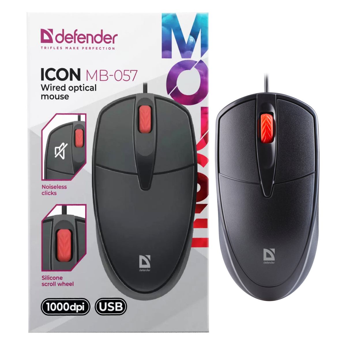 картинка Мышь проводная бесшумная Defender Icon MB-057, 1000 dpi, USB, черный, 52057 от магазина Альфанит в Кунгуре