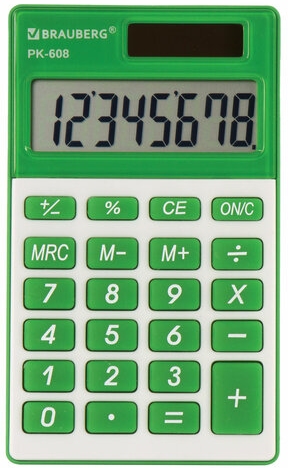 картинка Калькулятор карманный, 8 разрядов, 6,4*10,7 см, двойное питание, зеленый, "PK-608-GN", BRAUBERG, 250520 от магазина Альфанит в Кунгуре