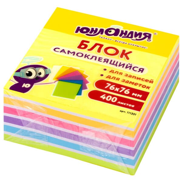 картинка Бумага для заметок с клеевым краем, 7,6*7,6 см, 400 л, 7 цв, неон, Юнландия, 111351 от магазина Альфанит в Кунгуре