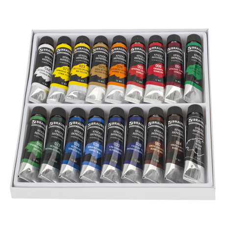 картинка Краски акриловые, 18 цв, 18 шт по 12 мл, BRAUBERG, 191123 от магазина Альфанит в Кунгуре