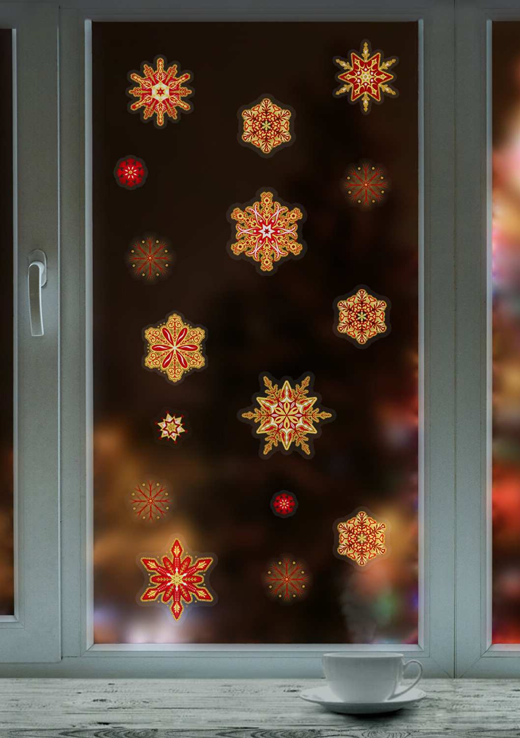 картинка Новогоднее оконное украшение, 30*38см, ПВХ, "Красно-золотые снежинки 2", 591208 от магазина Альфанит в Кунгуре