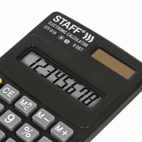 картинка Калькулятор карманный, 8 разрядов, 10,2*6,2 см, двойное питание, черный, "STF-818", STAFF, 250142 от магазина Альфанит в Кунгуре