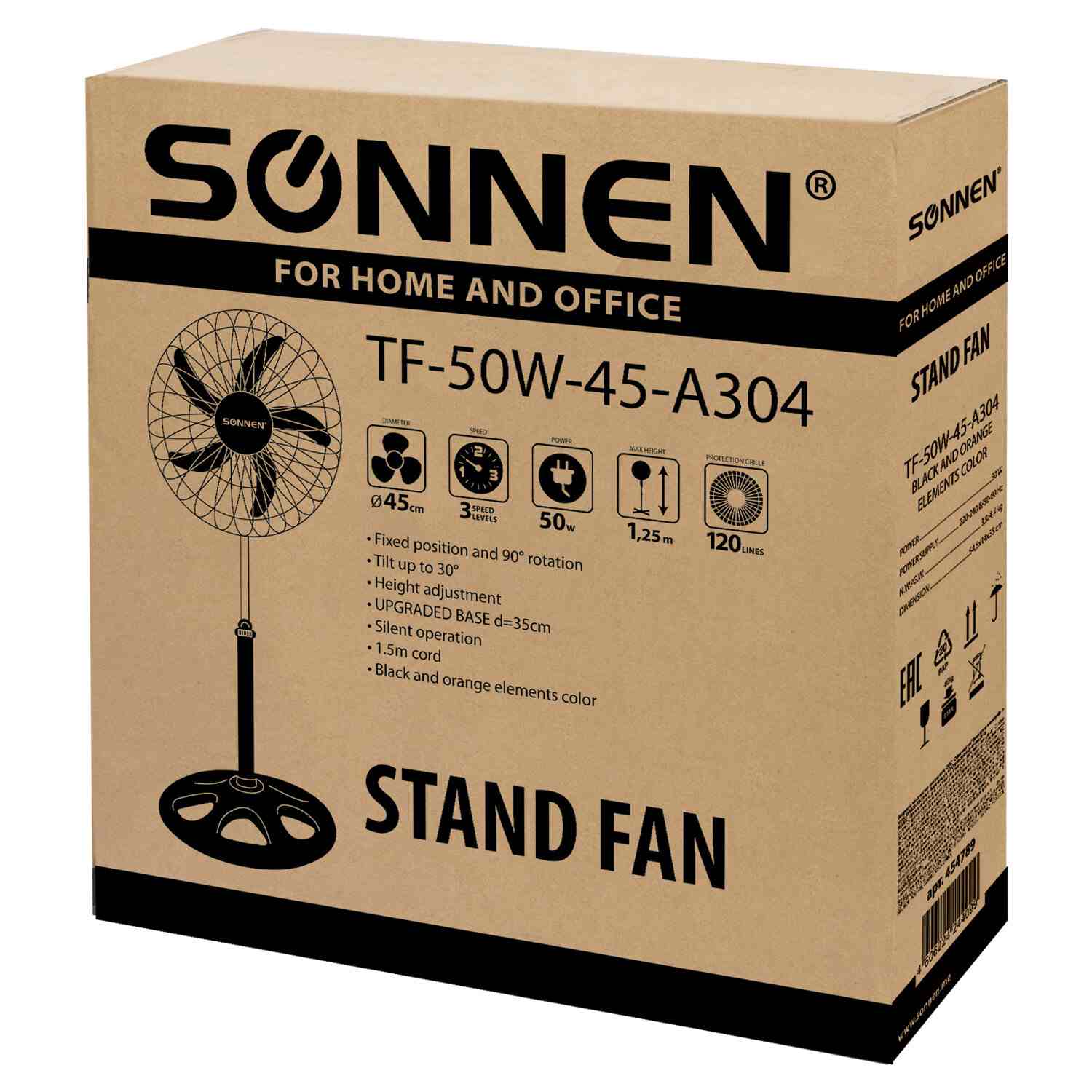 картинка Вентилятор напольный SONNEN TF-50W-45-А304, d=45 см, 50 Вт, черный, 454789 от магазина Альфанит в Кунгуре