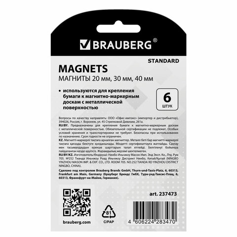 картинка Набор магнитов для доски 6 шт, 2-4 см, серые, BRAUBERG, 237473 от магазина Альфанит в Кунгуре