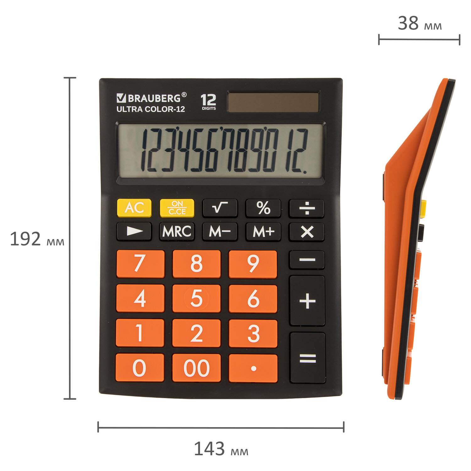 картинка Калькулятор настольный, 12 разрядов, 19,2*14,3 см, двойное питание, черный/оранжевый, "Ultra Color-12-BKRG", BRAUBERG, 250499 от магазина Альфанит в Кунгуре