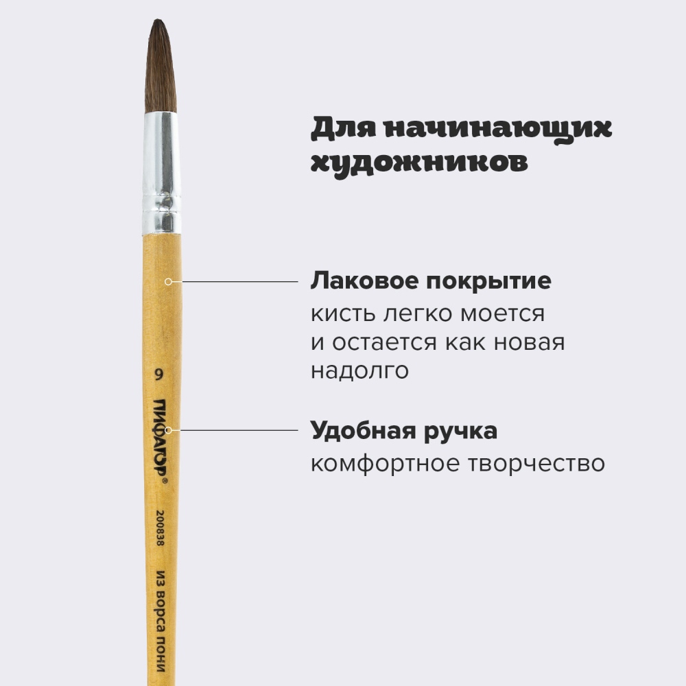 картинка Кисть № 9, пони, круглая, ПИФАГОР, 200837 от магазина Альфанит в Кунгуре
