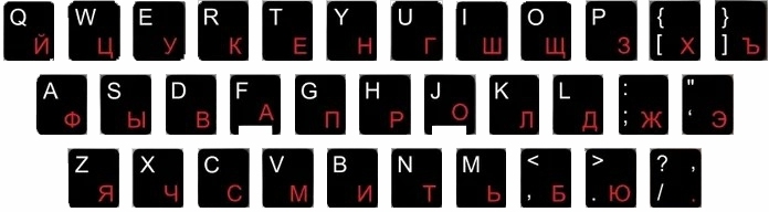 картинка Наклейка-шрифт на клавиатуру русский/латинский, на черной подложке, белый/красный, klaviatura-rus-en-B-krasnyi-ip от магазина Альфанит в Кунгуре