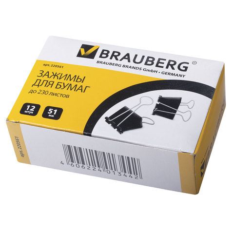 картинка Зажимы для бумаг 51 мм, 12 шт, черные, BRAUBERG, 220561 от магазина Альфанит в Кунгуре