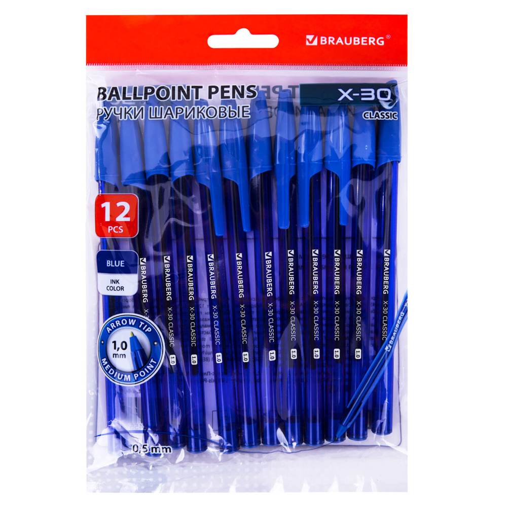 картинка Набор шариковых масляных ручек, 12 шт, 1 цв, 1,0 мм, синяя, "X-30", BRAUBERG, 144332 от магазина Альфанит в Кунгуре