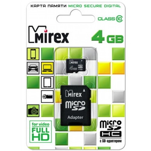 картинка Карта памяти micro-SDHC Mirex 4 GB Class 10, с адаптером от магазина Альфанит в Кунгуре