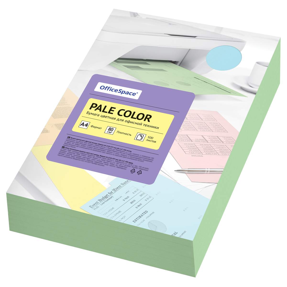 картинка Бумага офисная цветная, А4, 500 л, 1 цв, 80 г/м2, зеленый, "Pale Color", OfficeSpace, 356860 от магазина Альфанит в Кунгуре
