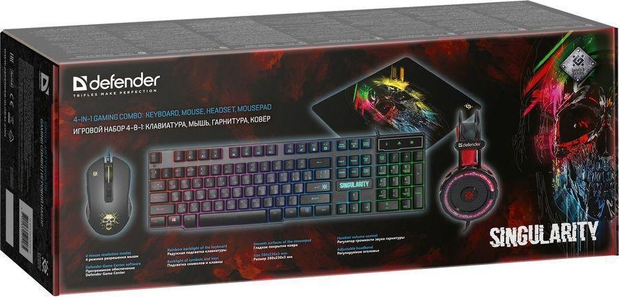 картинка Комплект проводной (клавиатура + мышь + гарнитура + коврик) игровой Defender Singularity MKP-118, USB, черный, 52118 от магазина Альфанит в Кунгуре