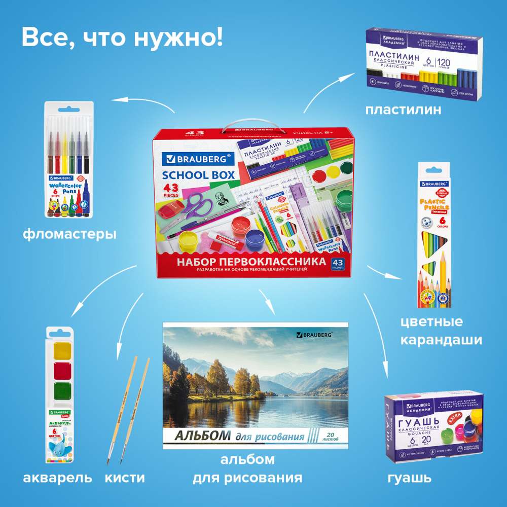 картинка Набор для первоклассника, 43 предмета, BRAUBERG, 880949 от магазина Альфанит в Кунгуре