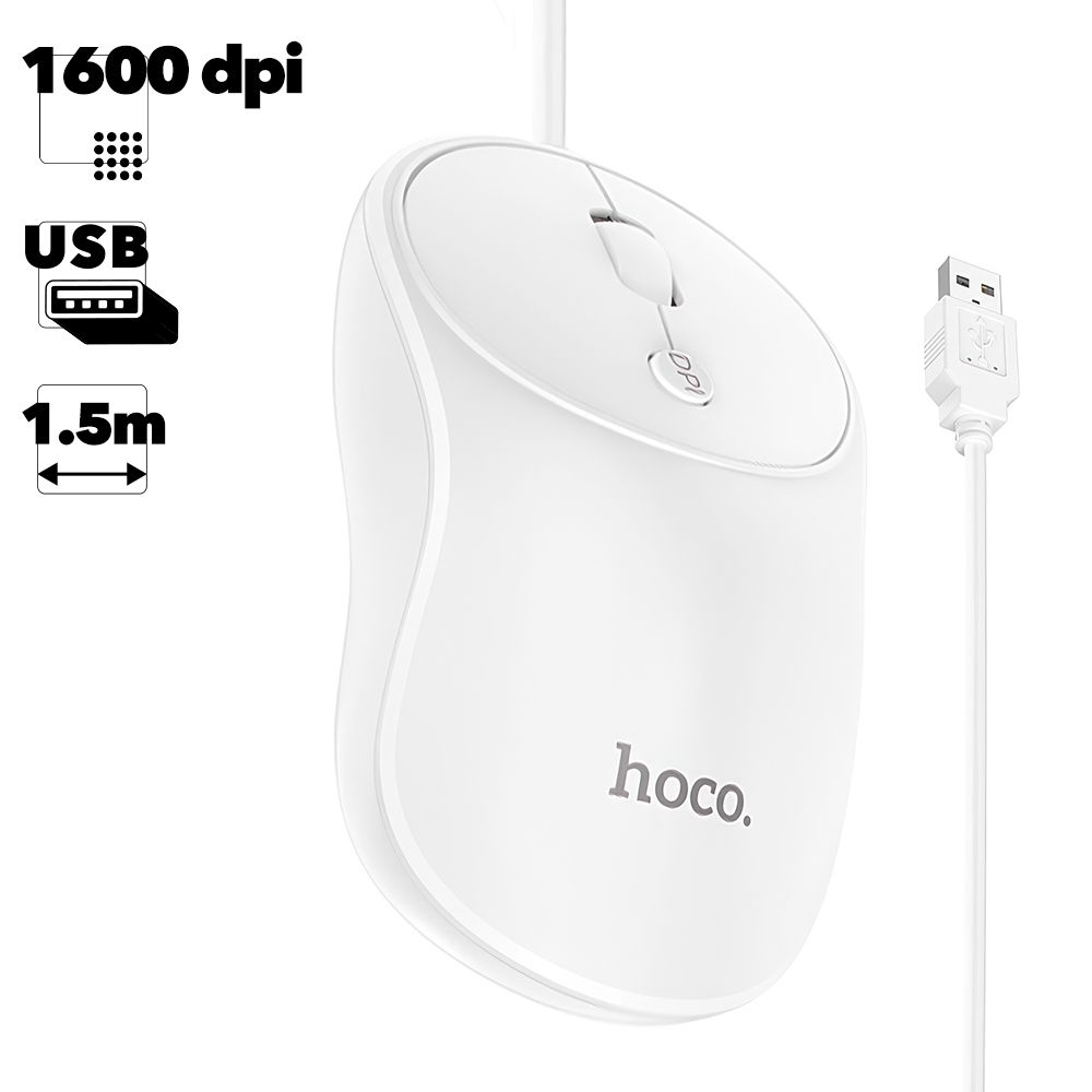 картинка Мышь проводная Hoco GM13, 1000-1600 dpi, USB, белый, 0L-00053499 от магазина Альфанит в Кунгуре
