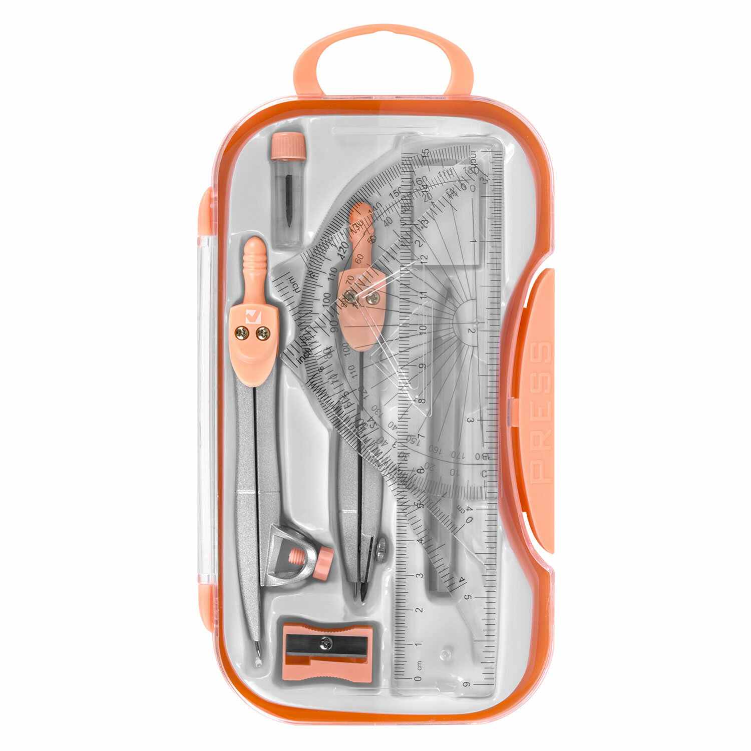 картинка Готовальня 11 предметов, персиковый, пластиковый футляр, "School Kit", BRAUBERG, 210717 от магазина Альфанит в Кунгуре