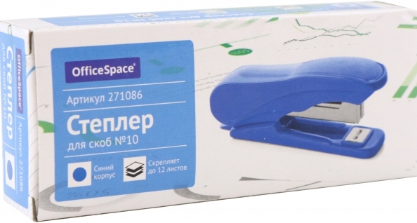 картинка Степлер № 10, на 12 л, на 50 скоб, с антистеплером, синий, OfficeSpace, 271086 от магазина Альфанит в Кунгуре