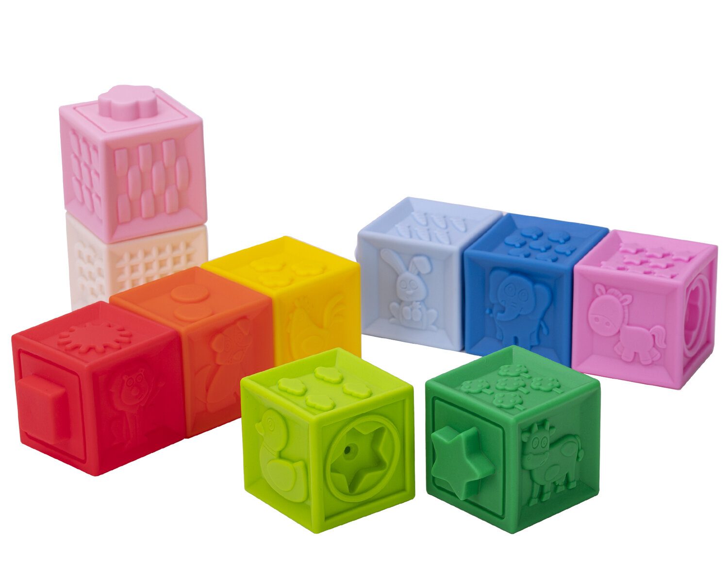 картинка Кубики тактильные, 10 шт, пластик, ассорти, развивающие с функцией сортера, Юнландия, 664703 от магазина Альфанит в Кунгуре